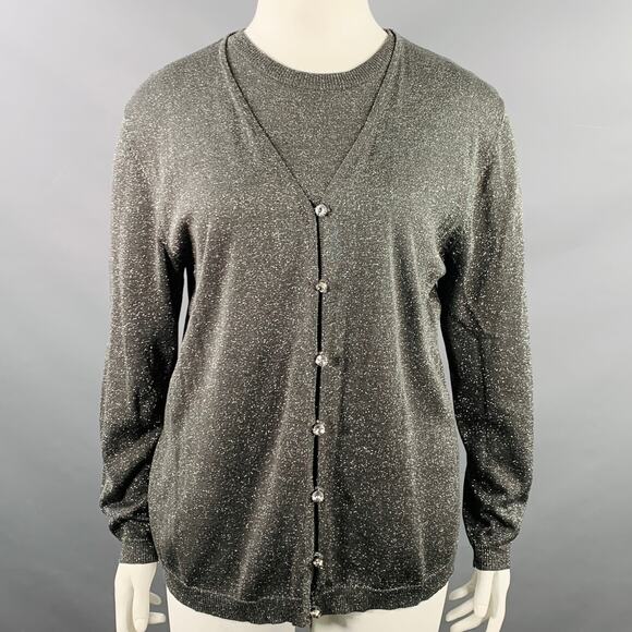 ADRIANNA PAPELL Size L Silver Grey Silk Blend 2 PC Cardigan Set - Picture 1 of 8